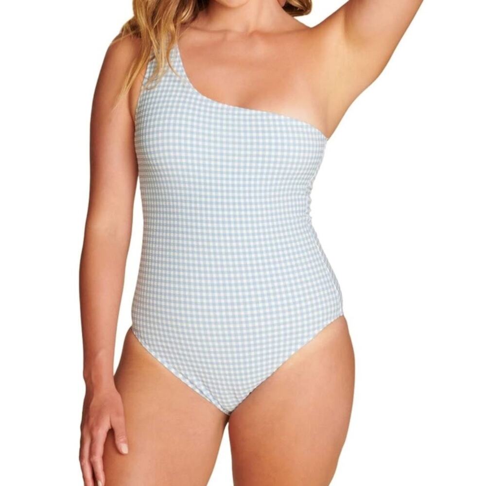 Andie The Nantucket Gingham One-Piece Blue and White Single Shoulder Medium NWT